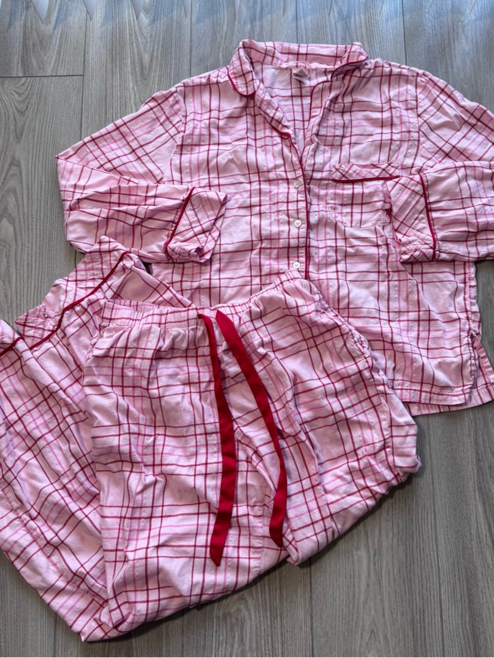 Victoria's Secret Pink Plaid Kids Pajama Set with Bright Pink Trim